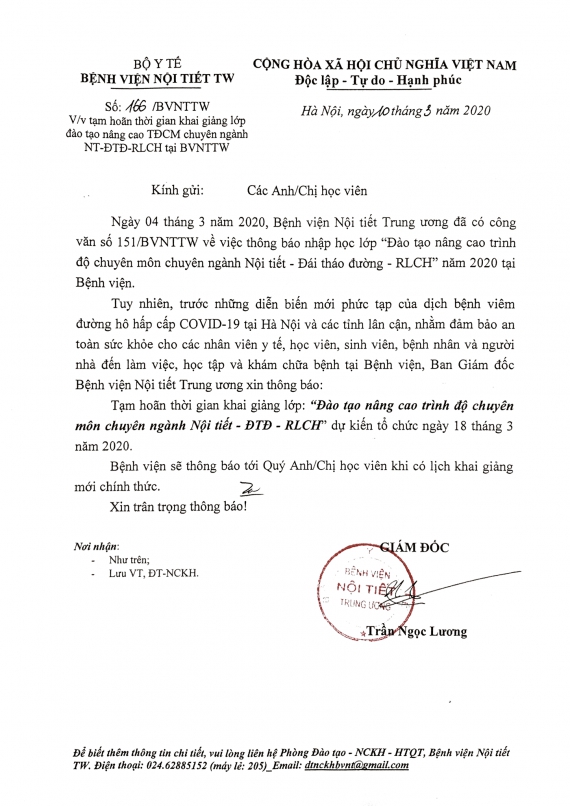 Thông báo tạm hoãn thời gian khai giảng lớp đào tạo nâng cao trình độ chuyên môn chuyên ngành nội tiết – đái tháo đường – King88clb com giaitri tructuyen tại bệnh viện Nội tiết Trung ương