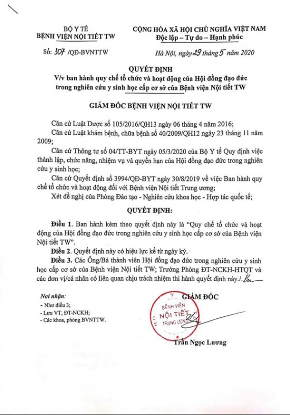Thông báo: quyết định ban hành quy chế tổ chức và hoạt động của hội đồng đạo đức trong nghiên cứu y sinh học cấp cơ sở của bệnh viện Nội tiết TW