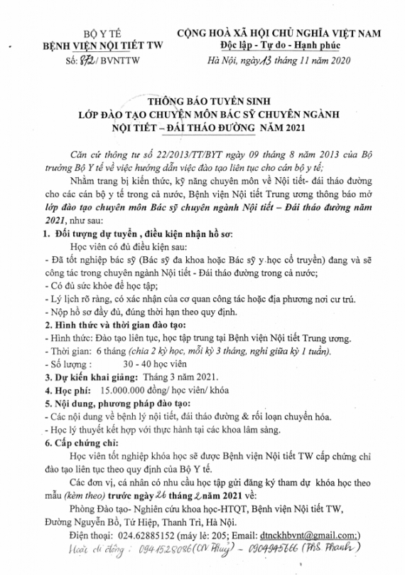 THÔNG BÁO TUYỂN SINH: LỚP ĐÀO TẠO CHUYÊN MÔN BÁC SỸ CHUYÊN NGÀNH NỘI TIẾT – ĐÁI THÁO ĐƯỜNG NĂM 2021 font