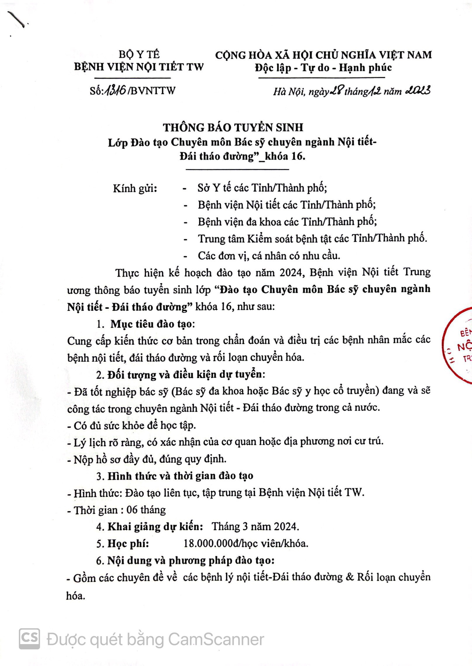 Thông báo tuyển sinh: lớp đào tạo chuyên môn Nhà Cái Cá Cược Uy Tín King88 Vina chuyên ngành Nội tiết – đái tháo đường khóa 16