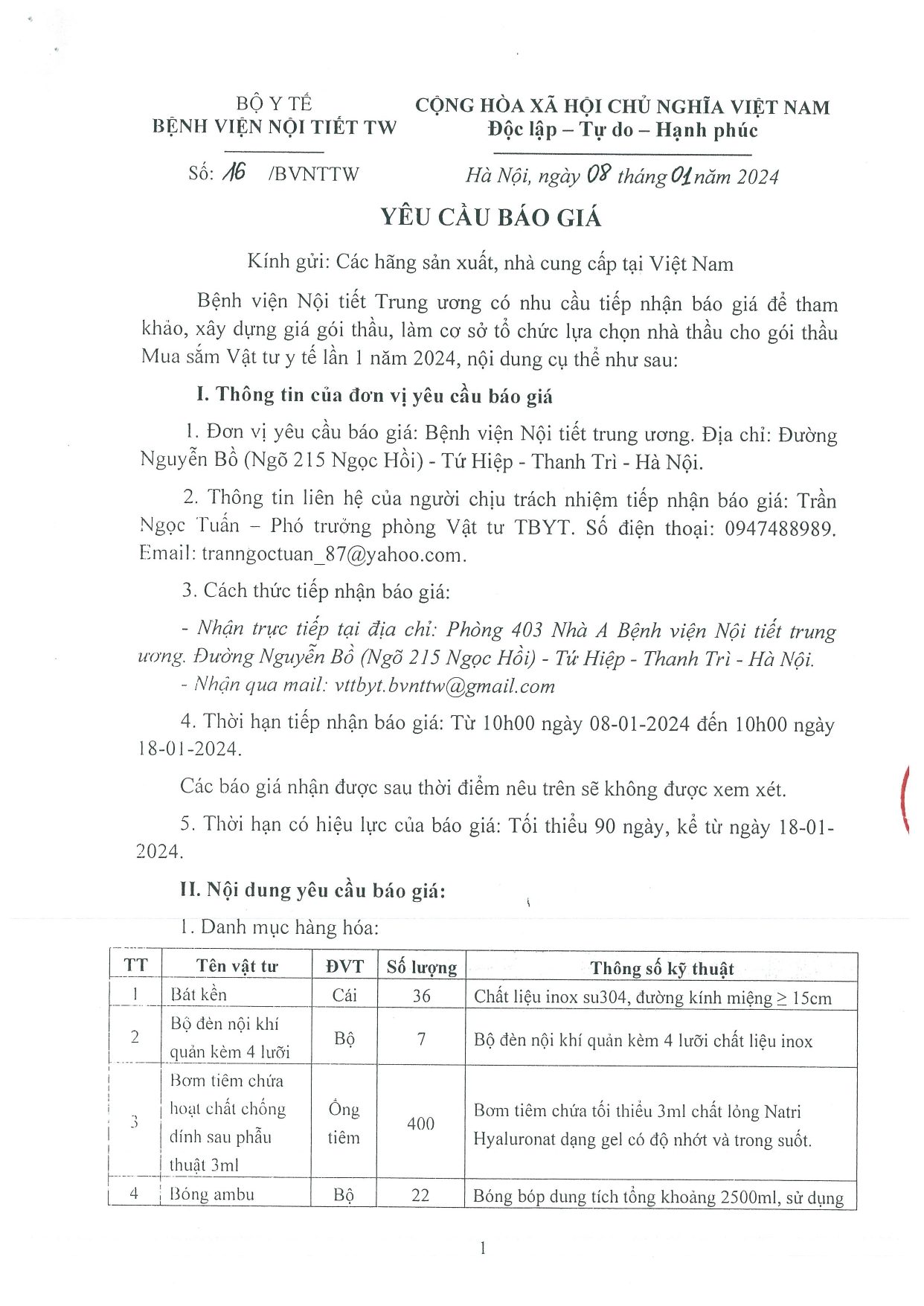 Thư mời: vv cung cấp báo giá cho gói thầu mua sắm vật tư Link Vào Nhà Cái King88.com Cập Nhật lần 1 năm 2024