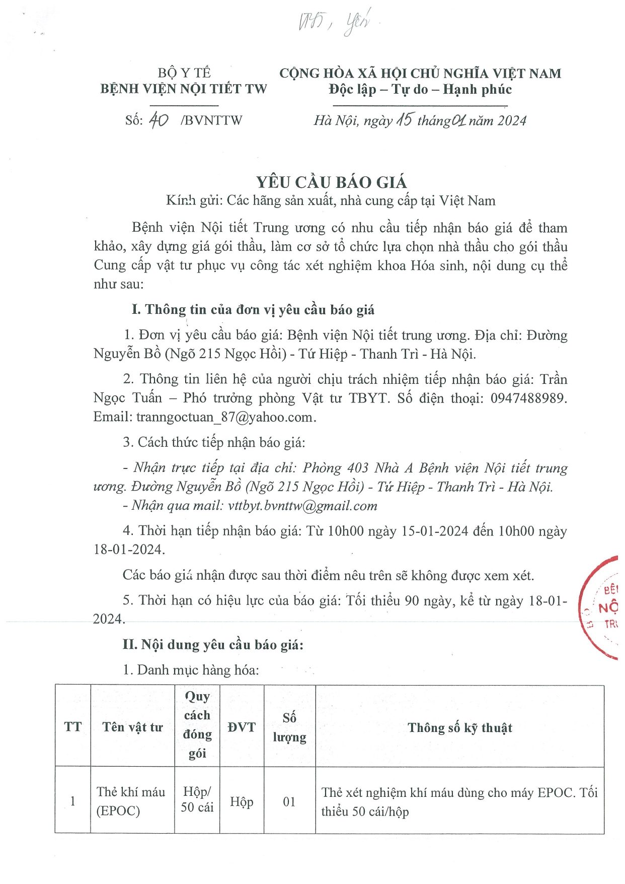 Thư mời: vv cung cấp báo giá cho gói thầu cung cấp vật tư phục vụ công tác xét nghiệm Hóa sinh